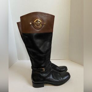 Michael Kors Riding Boots Black Leather Knee High Tall Womens 10 Brown Two Tone